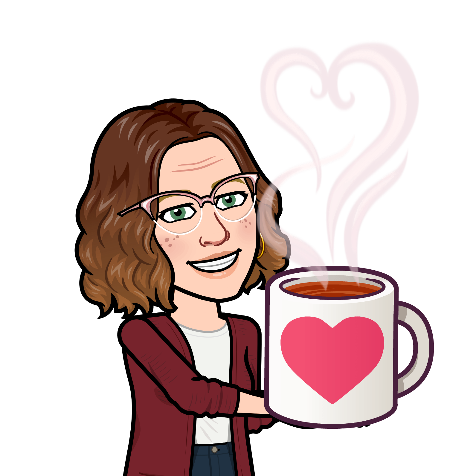 An animated image of a woman with light skin, wavy shoulder-length brown hair and glasses. She is holding a while mug with a pink heart on it, with hot coffee inside.