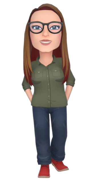 Image of a light skinned woman with long, straight brown hair and dark-rimmed glasses. She has an army green button up bouse, naby pants and red boots.