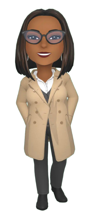 Cartoon image of a woman in a beige trench coat, dark pants and black boots. She has straight, shoulder-length black hair, dark skin and glasses.
