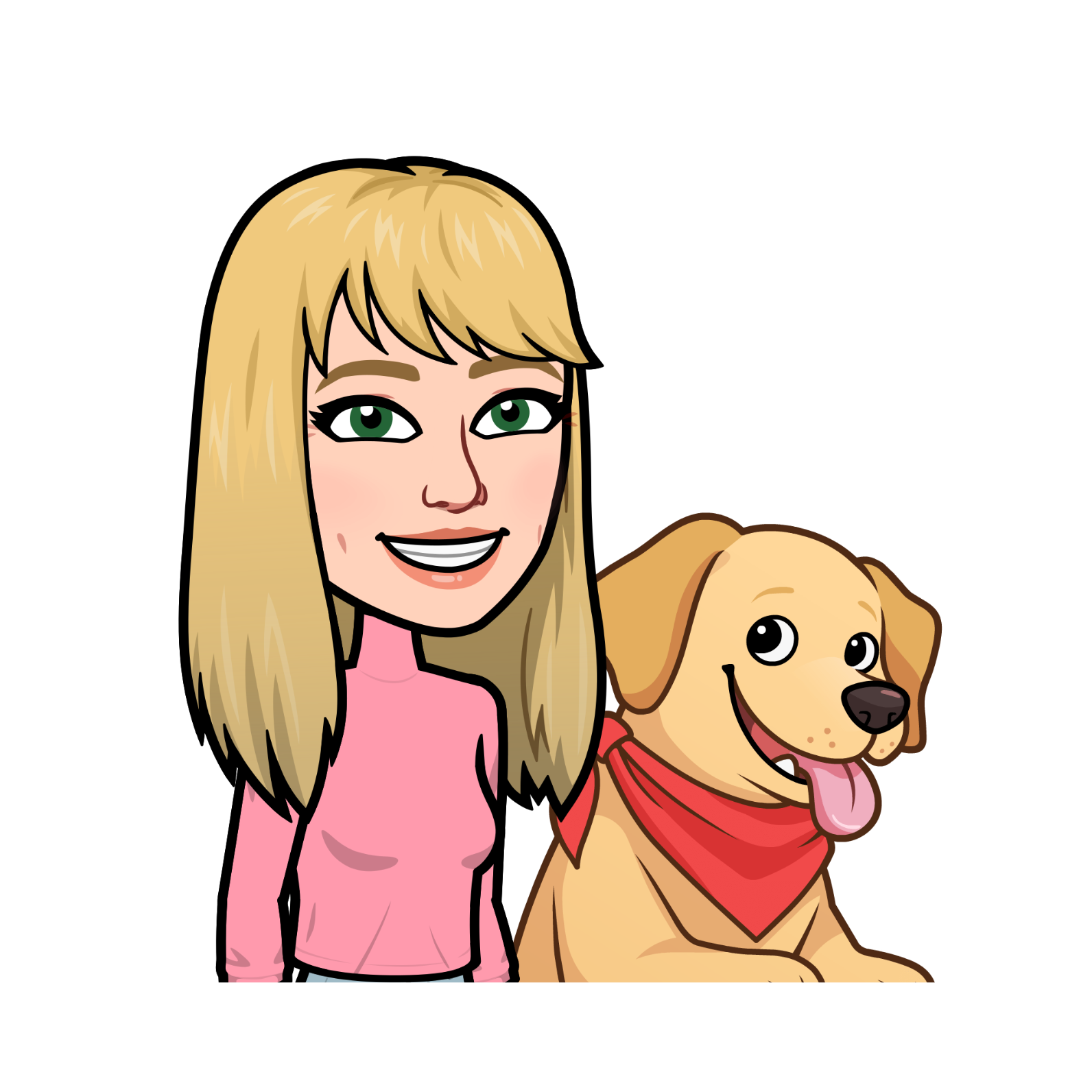 Cartoon image of a light-skinned woman with long blonde hair and bangs in a pink shirt. Beside her is a smiling yellow dog with its tongue hanging from its mouth wearing a red bandana around its neck.